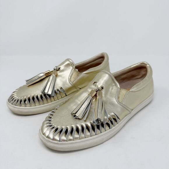 J/SLIDES | Gold Metallic Aztec Slip On Sneakers with Tassels Women’s Size 7 - Picture 1 of 13